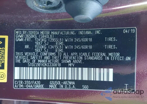 2019 Toyota Highlander Le Plus from USA, damaged, VIN 5TDZZRFH2KS330818